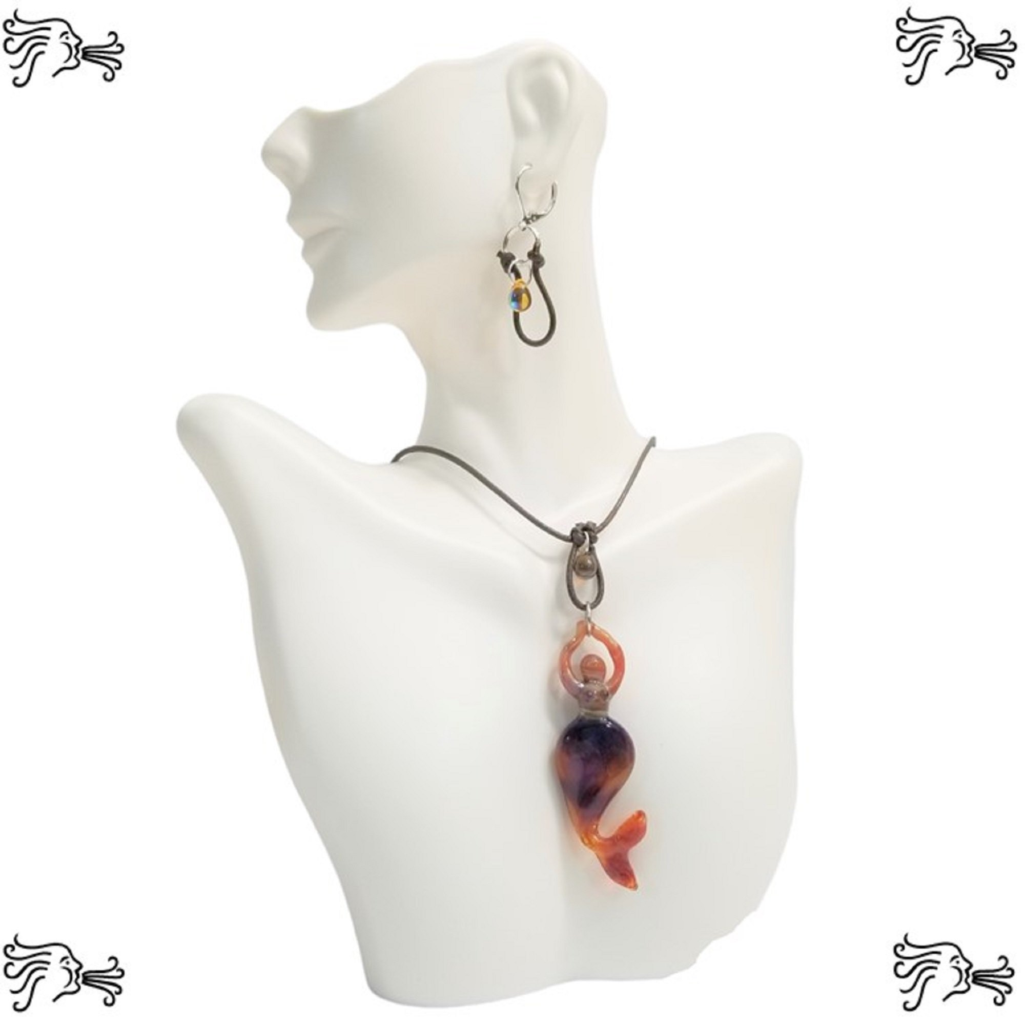 Handblown Lampwork Mermaid Pendant Choker Necklace Earrings Brown Leather 57$